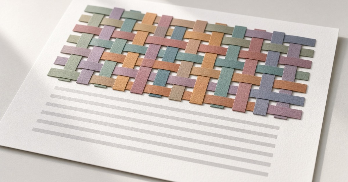 Many paper strips in varied muted colors woven together into a lattice over a white manuscript page with abstract gray lines, in soft daylight.