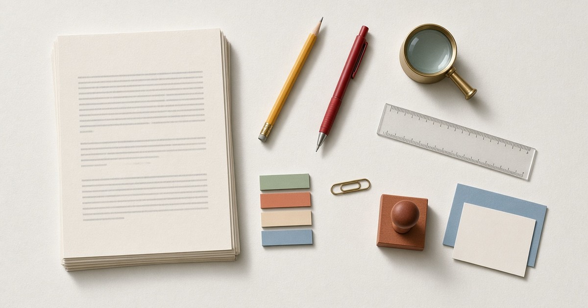 Top-down flat-lay of editing tools on an off-white surface in soft daylight: a manuscript stack, pencil, red pen, brass magnifier, clear ruler, colored tabs, paperclip, rubber stamp and blank cards.