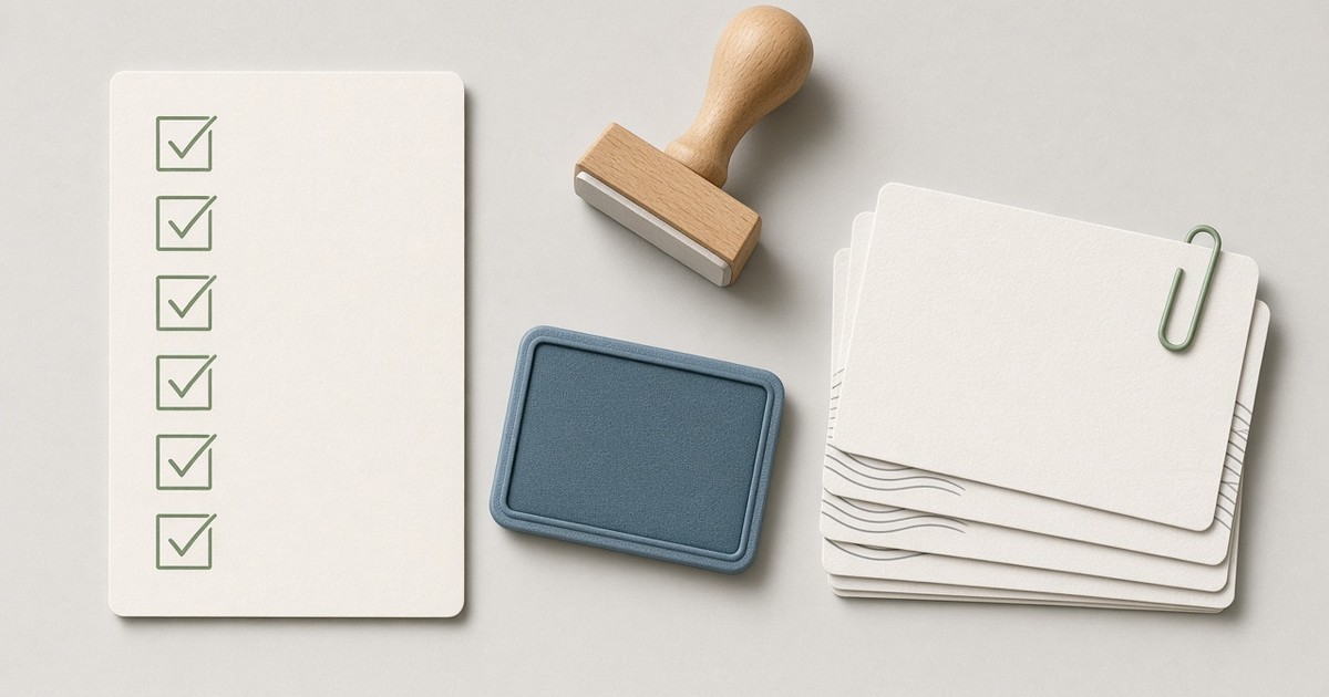 Flat-lay of a card with a column of green check marks, a wooden rubber stamp, a blue ink pad, and a paperclipped stack of reference cards on a light gray surface.