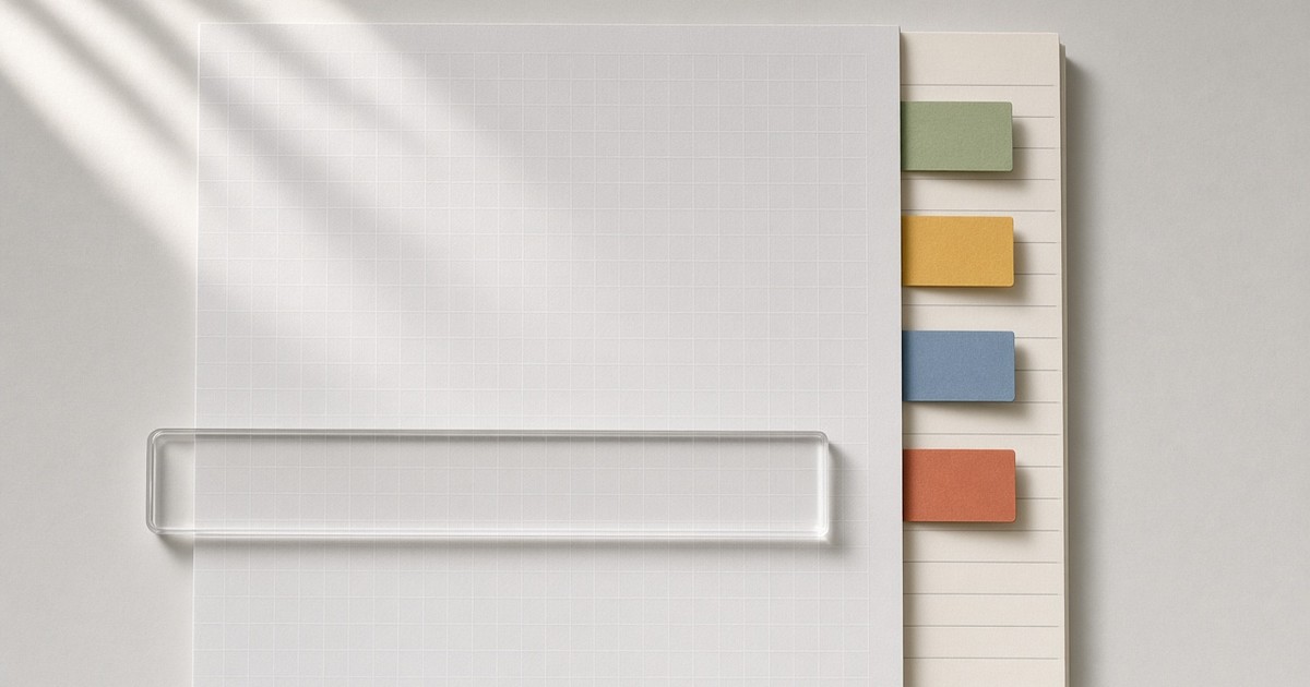 A sheet of grid paper with a clear acrylic ruler laid straight across it and a neat column of sage, mustard, blue and terracotta tabs along a lined page, in soft daylight.