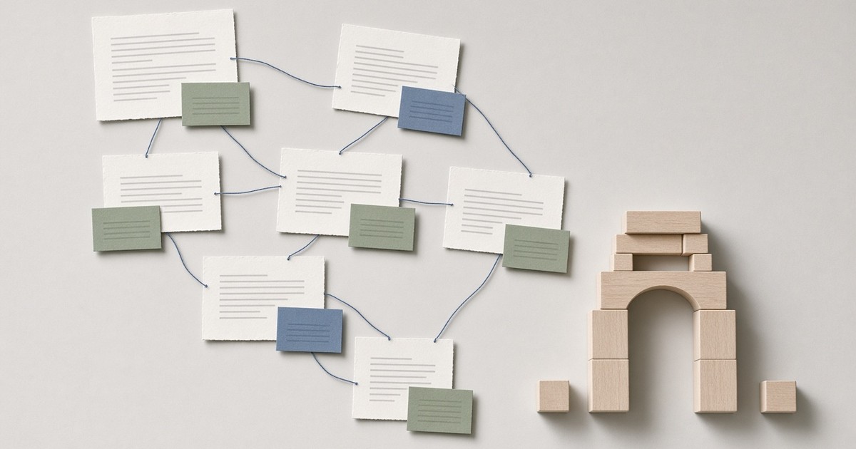 Manuscript pages and colored cards linked by thin blue string into a structural diagram beside an arch of pale wooden building blocks on a light gray background.