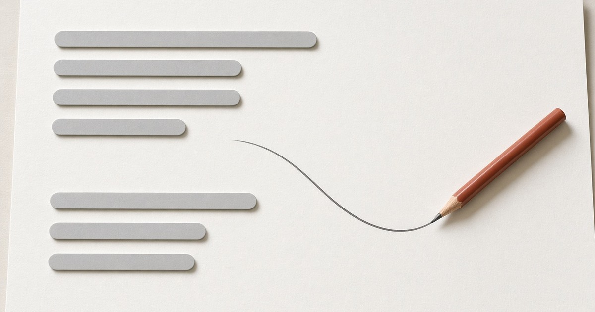 A terracotta pencil finishing one smooth graphite curve on a white page beside abstract gray bars standing in for lines of text.