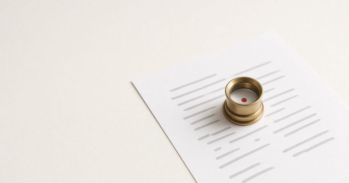 A small brass loupe resting on a page of abstract gray lines, magnifying a single tiny red mark, on an off-white background.